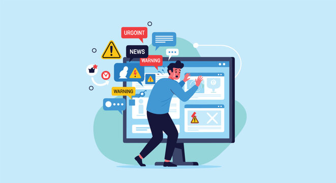 Stressed man feels overwhelmed by too many digital notifications, news alerts, and urgent warnings on his computer.
