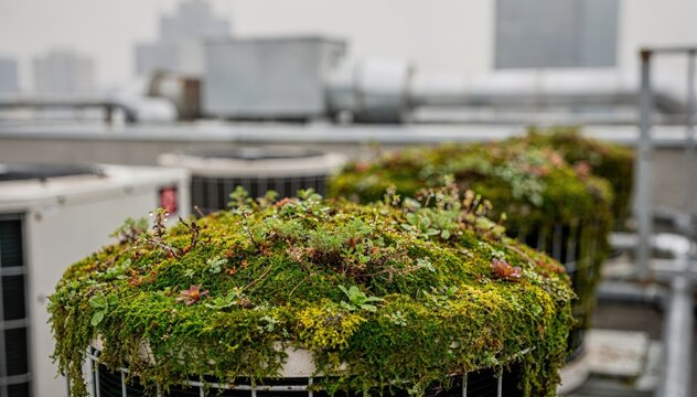 Detailed medium shot of rooftop HVAC vents with ecofriendly mosscovered surfaces in focus blurring the mechanical equipment behind for eco cooling emphasis.