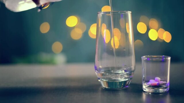 Water being poured into a glass, close-up of water blurred background, light tones, shallow depth of field okeh Lights