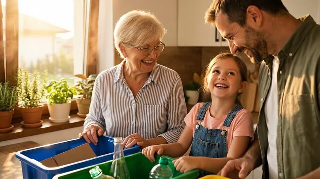 Multigenerational family sorting recyclables into colorful bins in bright kitchen