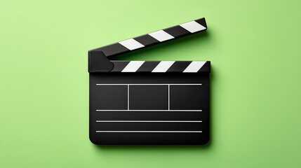 Film clapperboard on green background. Black movie slate with open clap stick on chroma key backdrop, minimal composition for video production, no people.