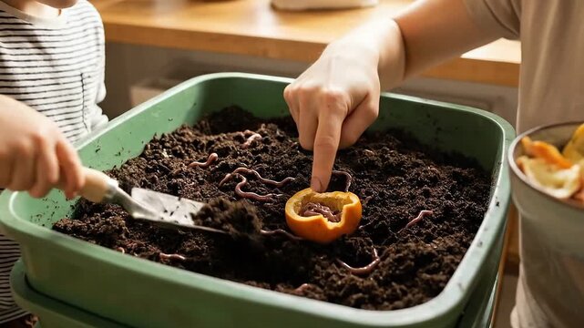 Mother teaching young child to compost food scraps in kitchen bin