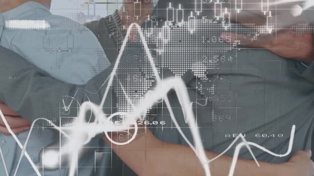Animation of financial data processing over diverse business people embracing