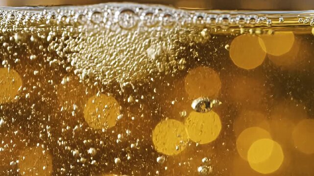Closeup of golden liquid with rising bubbles and bokeh lights.
