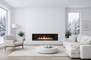 Naklejka premium Modern minimal livingroom interior with cozy fireplace.