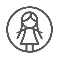 Logotipo de boutique de moda infantil. Dibujo sencillo con líneas de una niña peinada con coletas, vista de frente en un círculo  © teracreonte