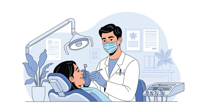 Professional dentist in a face mask and protective gloves performs a dental checkup on a woman in a modern office.