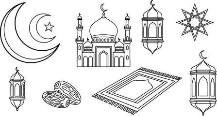 Fototapeta premium Iconic islamic symbols and cultural in monochrome line