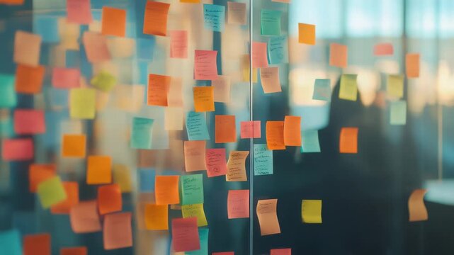 Colorful sticky notes are covering a glass wall in a modern office, signifying brainstorming, collaboration, and project management in a dynamic work environment