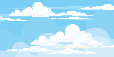 Illustration of a blue sky with white clouds in a flat style. Blue sky background and white clouds. Cartoon sky	
