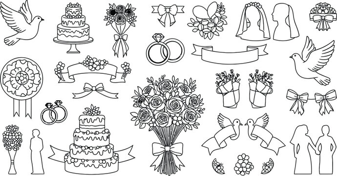 Classic blackline wedding and floral symbols line collection wedding blackline floral bouquets
