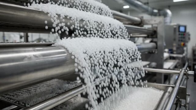 Medium shot capturing white silica gel beads cascading through drying conveyors highlighting the uniformity and cleanliness of the manufacturing process.