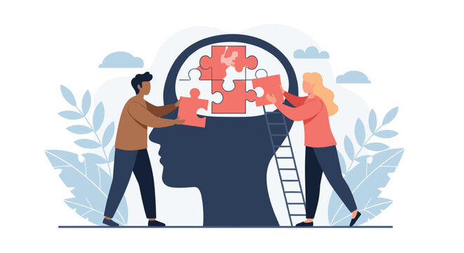 Two people work together to place puzzle pieces into a human head silhouette to represent mental health and cognitive development.