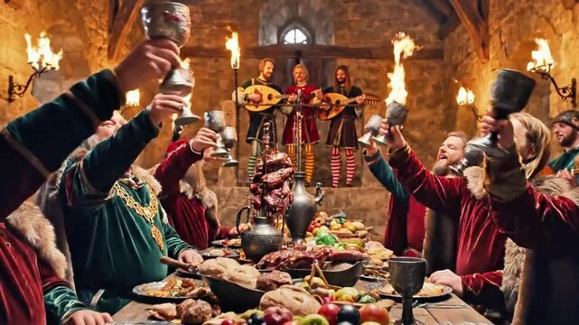 Feudal lords feasting in a torchlit hall, goblets raised, minstrels playing lutes.