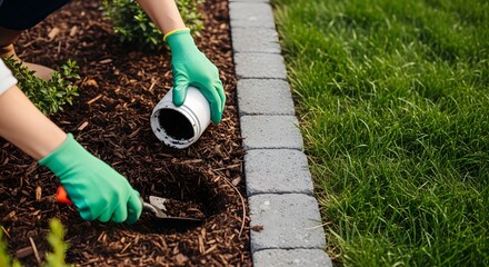 Fototapeta premium Gardener planting flowers in a well manicured lawn with mulch and stone border