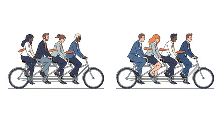 Obraz premium Two teams of business professionals ride together on tandem bicycles to symbolize corporate teamwork and collaboration.