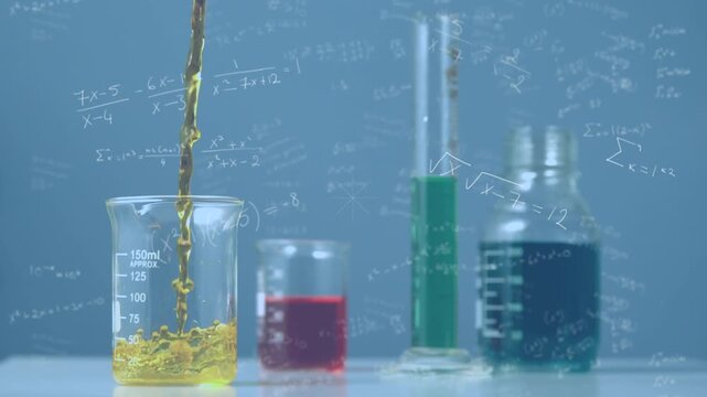 Animation of mathematical equations, abstract pattern over slow-motion of liquid falling in beaker