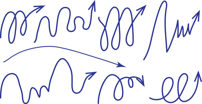 Hand drawn blue arrows pointing up and right various squiggly line designs for infographics presentations and charts  business and education visual aids