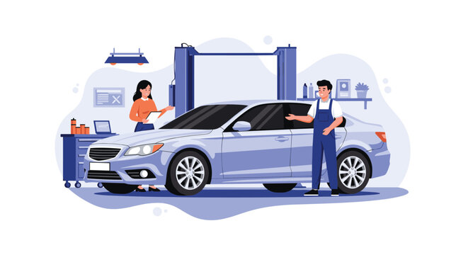 Professional male and female mechanics inspecting a modern light blue car on a lift inside a well equipped automotive repair shop or garage.