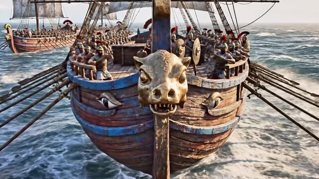 Greek triremes rowing into battle, prows crashing waves in formation.