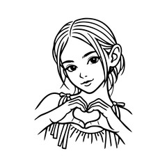 Gesto de cariño. Dibujo con líneas de una chica que forma un corazón con las manos frente al pecho, para tarjetas y felicitaciones de San Valentín © teracreonte