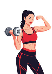 Athletic woman lifting dumbbell in confident pose, modern flat vector fitness portrait perfect for gym marketing, strength training promotion and healthy lifestyle branding