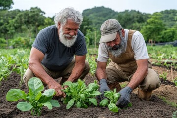Fototapeta premium Community spirit with neighbors working together in home garden