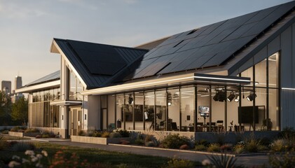 Obraz premium Medium shot of a newly built green broadcast complex highlighting sleek solar panels and vibrant LED fixtures with interior details gently out of focus.