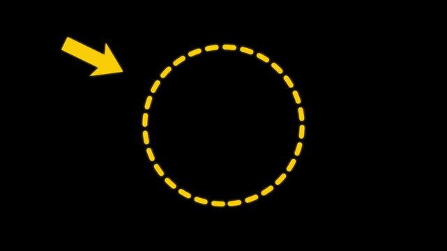 Animated highlight arrow pointing to dash yellow circle rotate on transparent background. Animation 4k video