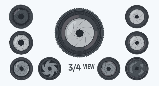 Collection of camera lens aperture diaphragms showing different f-stop settings for photography and light control.