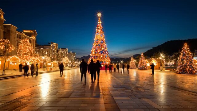 青い夜明け前に佇む広場のツリー