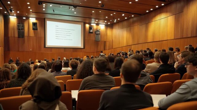 Business professionals engage in education development seminar in a large auditorium, sharing insights and networking opportunities