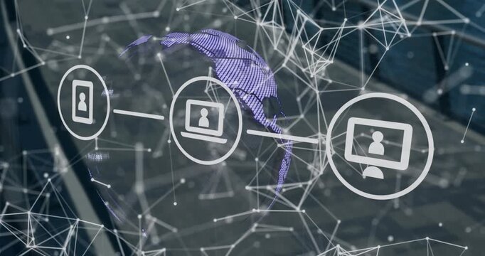 Animation of network of connections with icons and rotating security padlock