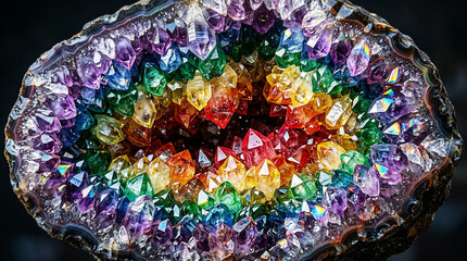 Naklejka premium Colorful geode with rainbow crystals forming a vibrant geological display and natural gemstone formation
