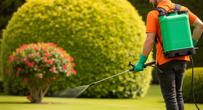 Gardener spraying pesticide on lawn and plants
