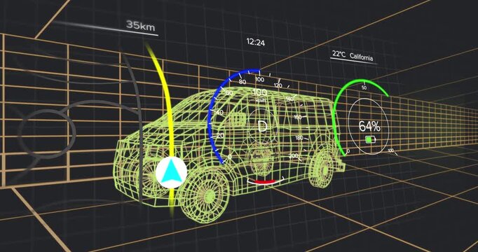 Animation of speedometer, number, battery icon in circle, arrow on map pattern over 3d model of van