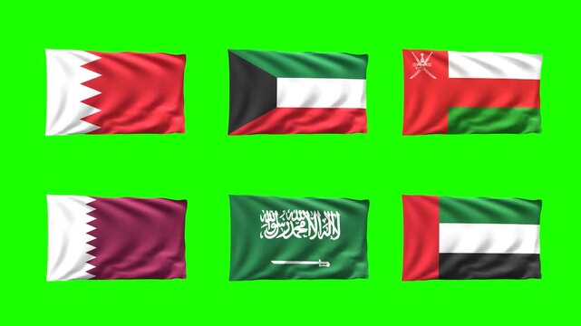Gulf countries flags set isolated on green screen background, Looping video. 3D Render