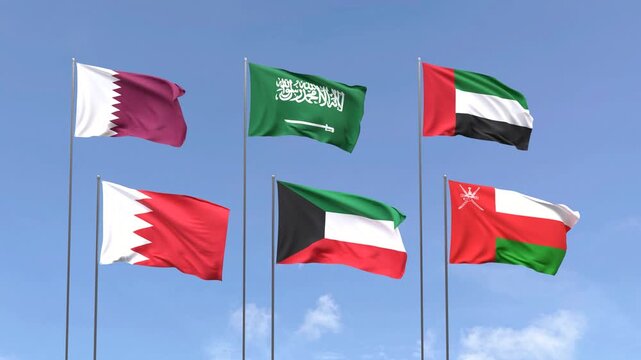 Collection of GCC country flags on blue sky backdrop, Middle East identity symbol, Looping video. 3D Render