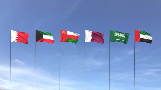Middle Eastern Gulf country flags fluttering against clear blue sky, Looping video. 3D Render