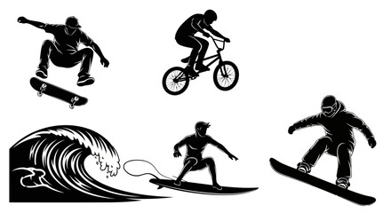 Naklejka premium Dynamic Black Vector Silhouettes of Action Sports Skateboarding Surfing Snowboarding BMX EPS10 Stock.eps