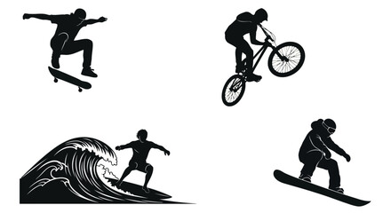 Dynamic Action Sports Silhouettes Skateboarding Surfing Snowboarding BMX Vector Art EPS10 Stock.eps © Stock_Crafters