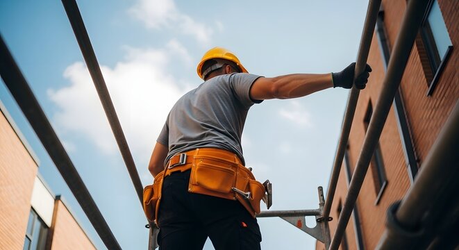 Construction worker on scaffolding installing or repairing building exterior