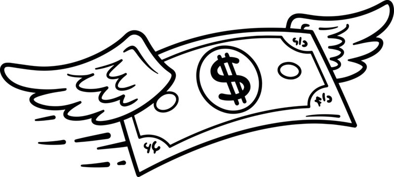 Cartoon Dollar Bill with Wings Flying in White Background