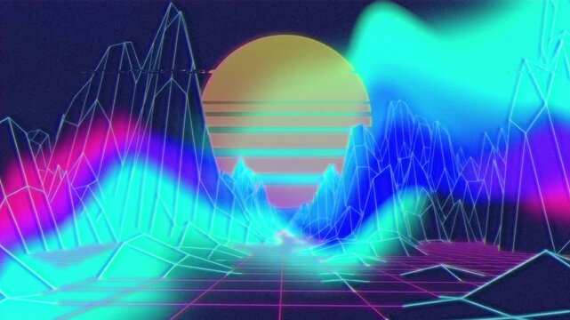 Camera moving forward triggers neon wireframe peaks undulating and waveforms pulsing to frame orb