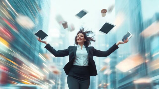 Businesswoman skillfully juggles digital tablets and coffee cups, symbolizing multitasking and the fast paced nature of modern business in a dynamic urban environment with motion blur