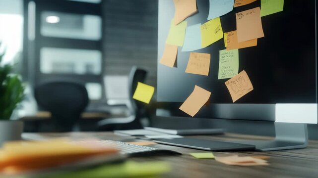 Multicolored adhesive notes covering computer screen, indicating collaborative workflow and creative organizational strategy in contemporary workspace