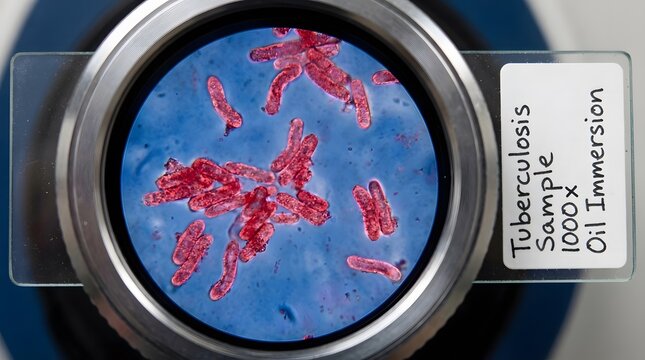 Microscopic view of Mycobacterium tuberculosis bacteria under 100x oil immersion, stained red against a blue background on a slide.