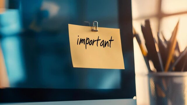 Yellow sticky note marked important attached to a computer monitor with a paper clip, surrounded by pens and pencils in an office setting, emphasizing a crucial task