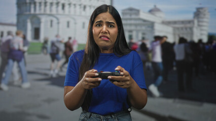 Young woman holding gamepad with tense grip and grimacing face in blue shirt in front of a historic building  frustration concentration. © Krakenimages.com