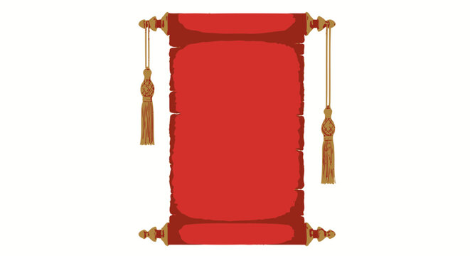 Ancient red scroll with golden tassels on white background